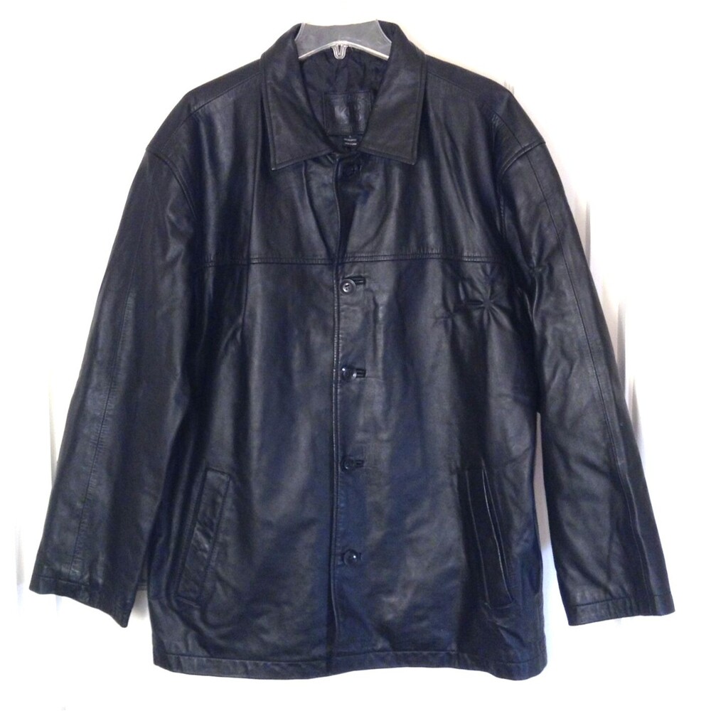 Knightsbridge Genuine Leather Car Coat Men L Black Jacket Quilt Lined Pockets